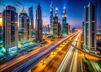 Fototapeta premium Stunning Drone Photography of Traffic Trails Along Sheikh Zayed Road Near Metro Station, Capturing the Vibrant Night Life and Urban Energy of Dubai's Iconic Roadway