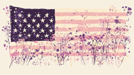 枝や花で作られたアメリカ国旗デザイン、自然とアートの融合が特徴的、generative ai。