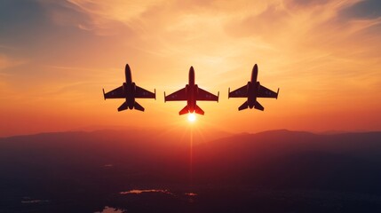 Silhouette of three fighter jets in formation flying over a waving American flag at sunset symbolizing Memorial Day military honor 