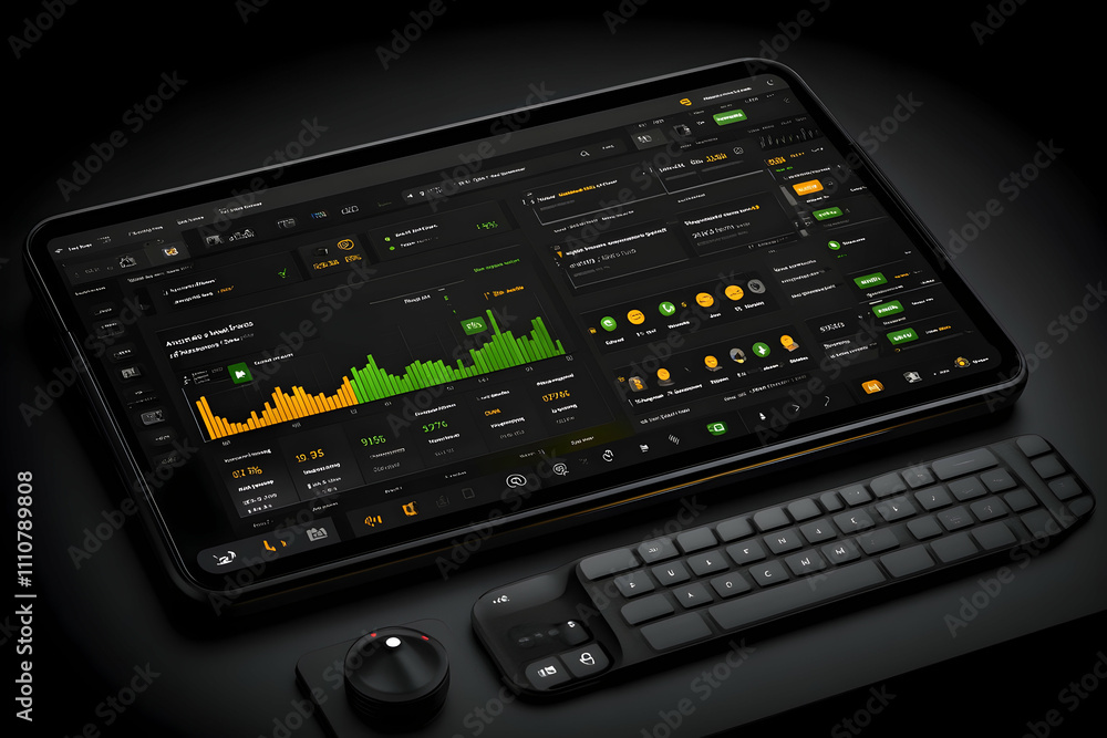 Poster dark interface tablet with keyboard and control knob displaying data analytics.