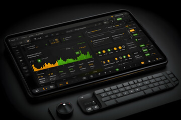 Dark interface tablet with keyboard and control knob displaying data analytics.