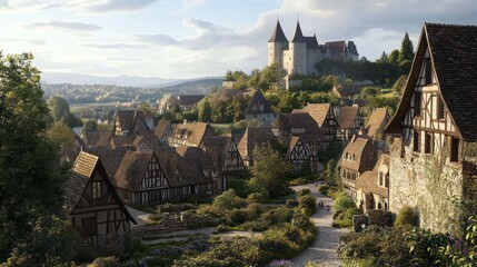 Obraz premium Medieval village nestled below a majestic castle on a hillside, bathed in warm sunlight.