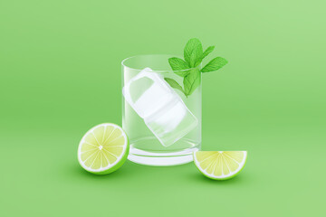 Fresh lime slices and mint leaves beside clear glass with ice on vibrant green background create refreshing scene