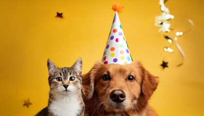 Adorable Birthday Dog in Party Hat with Cat on Yellow Background - Fun Pet Celebration