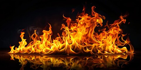 Fototapeta premium Stunning Isolated Fire Flames on Black Background for Art and Design Concepts with Space for Text, Perfect for Creative Projects and Visual Displays