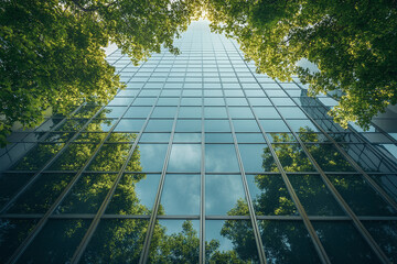 Modern sustainable green architecture with lush trees reflecting on glass facade. Eco-friendly...