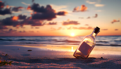 romantic sunset at the beach with bottle with a message