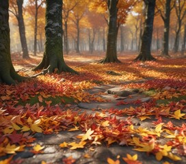 Forest floor covered in vibrant autumn leaves, autumn foliage, tree foliage