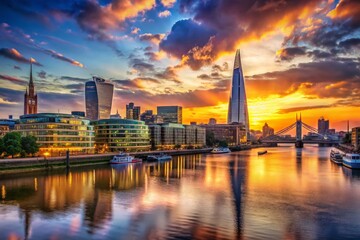 Fototapeta premium Stunning London Cityscape at Sunset with Reflective River Thames, Showcasing Iconic Landmarks and Scenic Beauty in a Serene and Colorful Atmosphere