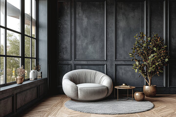 Cozy home decor. Composition of modern living room interior with beige sideboard sofa with black wall, copy space, wooden coffee table, plant and home decor accessories. 