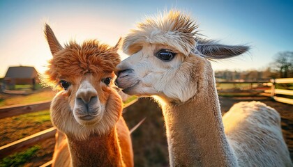 Obraz premium Close-up of two alpacas with cheerful expressions on a sunny farm, showcasing their fluffy fur