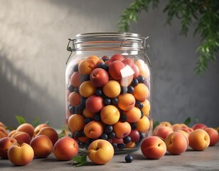 Freshly picked peaches and berries in a large glass jar, farm fresh, container
