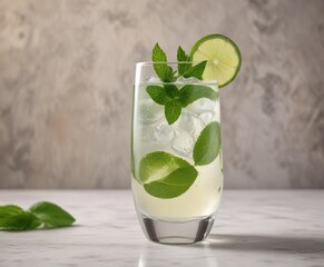 Fresh mint and lime garnish on a champagne soda cocktail in a clear glass, garnish, citrus