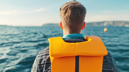 Fototapeta premium man wearing life jacket gazes at serene ocean, enjoying beautiful view. bright yellow life vest contrasts with blue water, creating vibrant scene