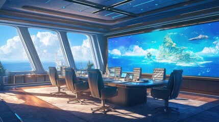Futuristic ocean view conference room with large screen display.
