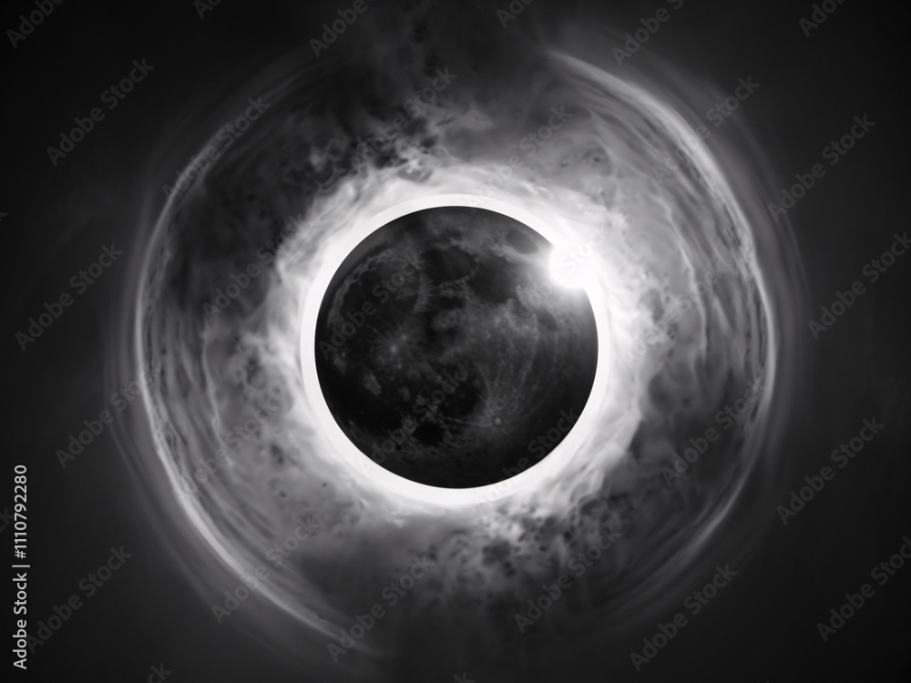 Poster cosmic eclipse: a mesmerizing monochrome image of a total solar eclipse, shrouded in ethereal clouds