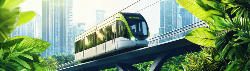 modern tram glides through lush greenery and urban surroundings, showcasing harmonious blend of nature and city life. vibrant scene captures essence of sustainable transportation