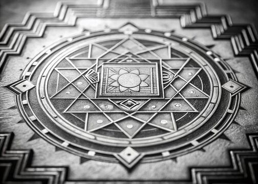 Stunning Macro Photography of a Monochrome Outline Bhuvaneshwari Yantra Illustration Capturing Intricate Patterns and Spiritual Significance for Artistic Exploration