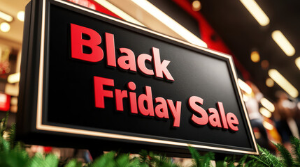 Fototapeta premium Black Friday sale sign in retail store, promoting discounts and deals. vibrant colors and bold text attract shoppers looking for great offers