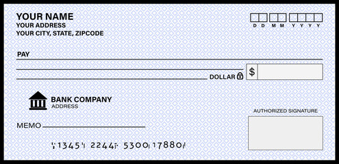 Blank Cheque template of the bank. Checkbook cheque page with empty fields to fill.