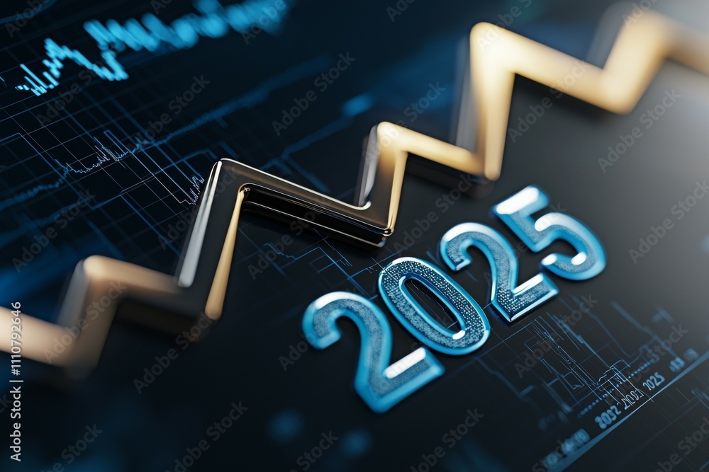 Poster 2025 economic forecast: digital graph with financial data display and projections