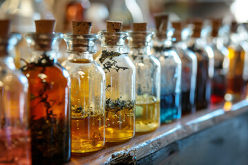 Small bottles of essential oils sitting on a wooden table surrounded by colorful flowers