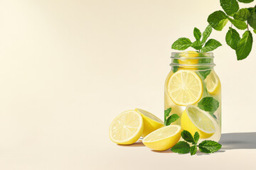 Refreshing lemon and mint infusion in glass jar with lemon slices and mint leaves. Perfect for summer drink or healthy beverage option