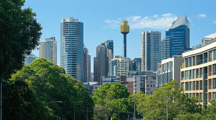 Obraz premium Cityscape with skyscrapers, tower, and lush green trees under a clear blue sky.