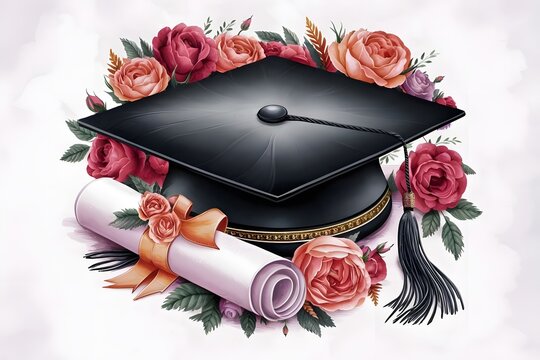 Black graduation cap and diploma isolated on white background. Back to school concept. Back to school icon. Congratulation Graduation. Vector illustration.
