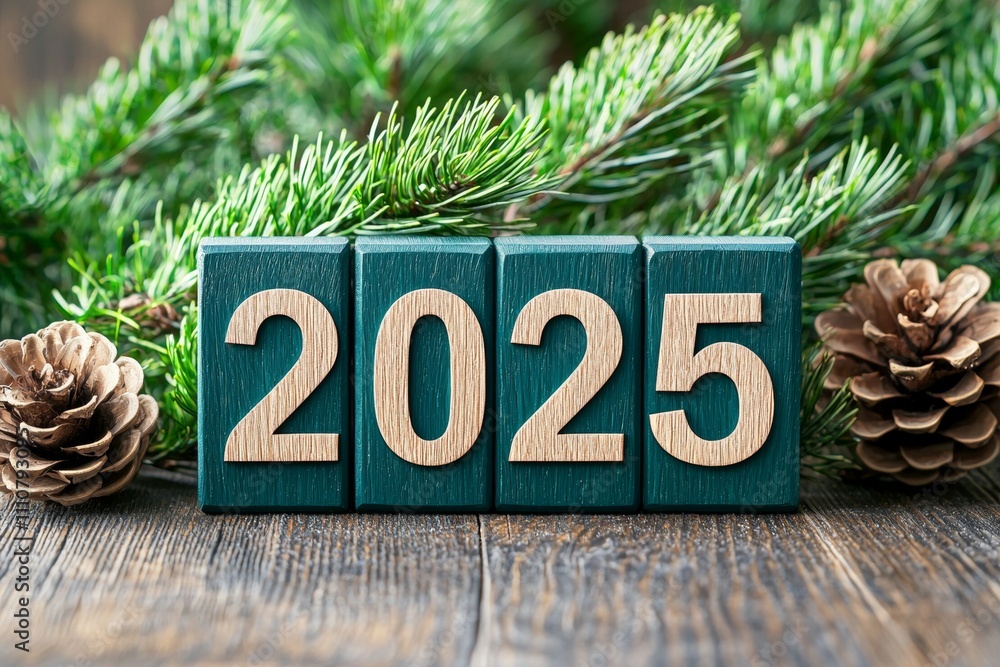 Aufkleber wooden blocks displaying 2025 with pinecones and fir branches on rustic table