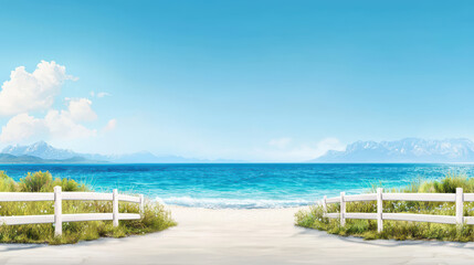 Fototapeta premium Serene beach scene with ocean views and clear blue skies, featuring white fences and lush greenery. perfect escape into nature beauty