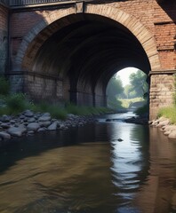 Gentle water flows beneath the railway bridge's arches, serene atmosphere, railway, peaceful surroundings