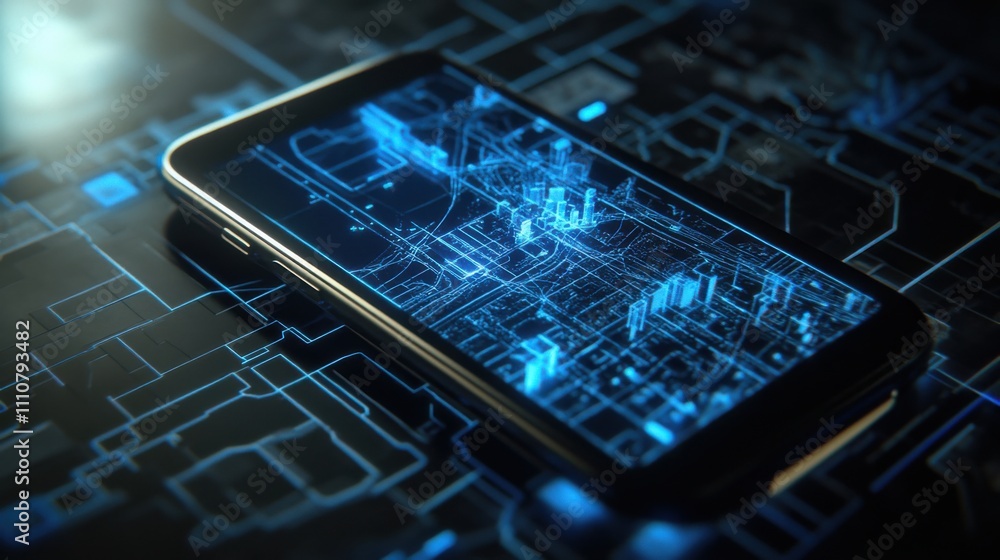 Poster high-tech smartphone displaying futuristic data visualization concepts