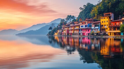 Fototapeta premium Colorful houses reflected in calm lake at sunrise.