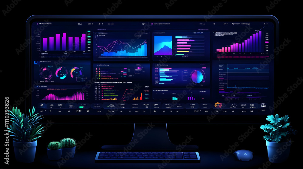 Poster data analytics dashboard on a computer screen with plants.