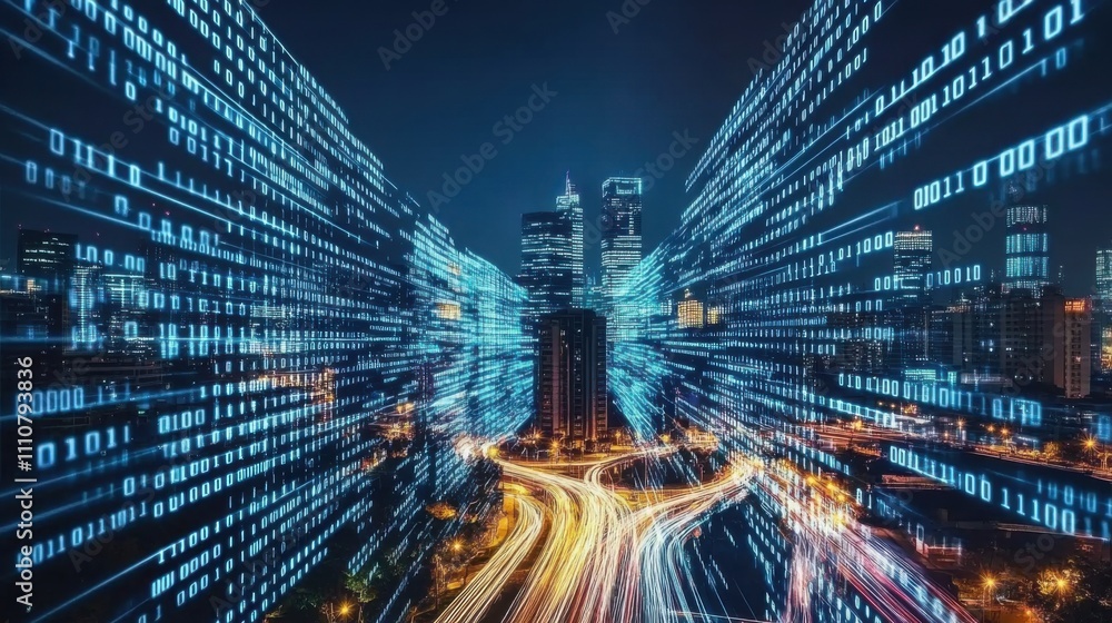 Poster digital cityscape at night with binary code overlay effect