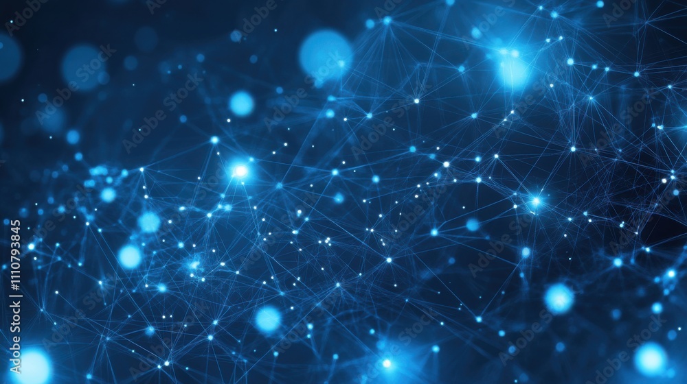 Poster blue abstract background with bright lights and connection points