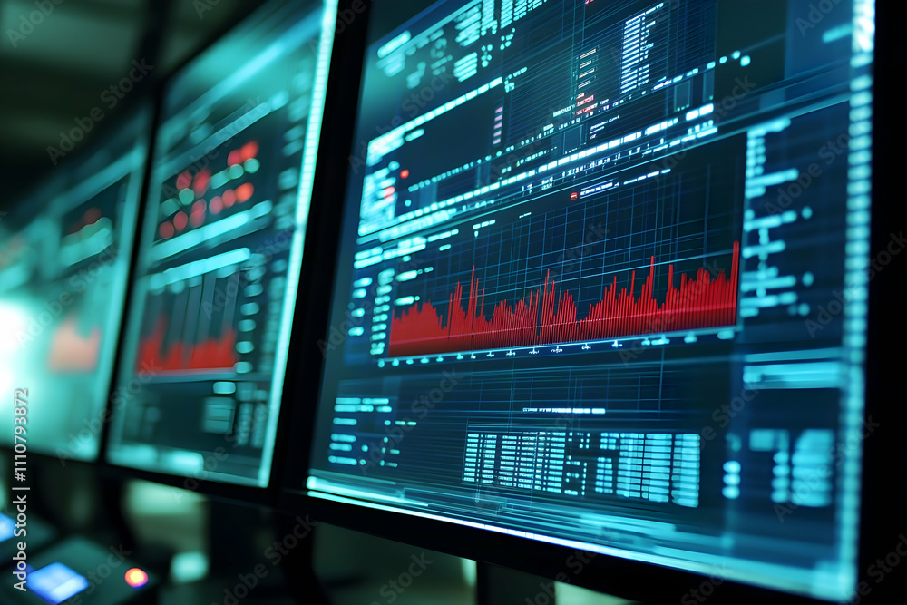 Poster data analysis displayed on multiple monitors in a dark room.