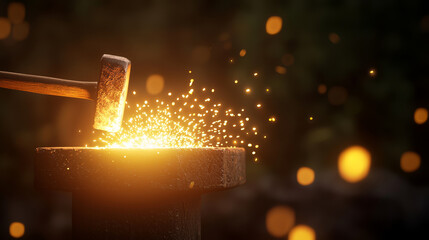 glowing anvil in dark forge with sparks flying from hammer