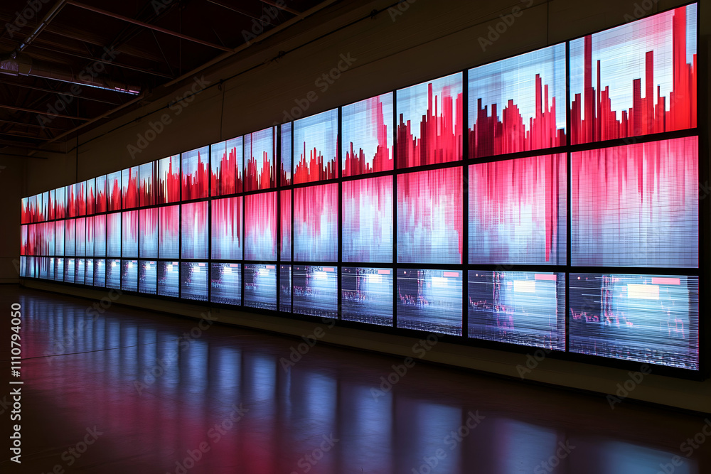 Poster data visualization displayed on a large screen wall in a modern interior.