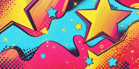 Star with pop art effect. Vintage burst backdrop. Halftone flash party pattern with copy space. Bright explosion background. Cartoon popart wallpaper with copyspace