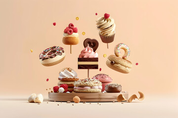 A colorful assortment of various desserts displayed creatively on a wooden platter.