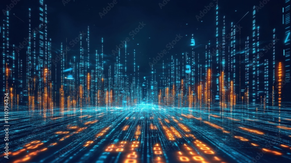 Aufkleber futuristic data stream with bright binary code and neon colors