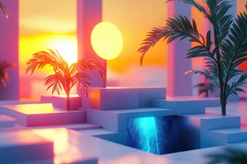 Tropical Sunset with Palm Trees and Geometric Platforms: A Futuristic Oasis