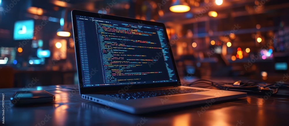 Poster a laptop with a code editor open sits on a desk with a blurred background of a modern office.
