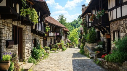 Charming cobblestone street in a historic village with traditional half-timbered houses and abundant flowers.