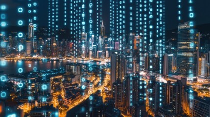 Fototapeta premium Urban Cityscape with Digital Data Overlay at Nighttime View