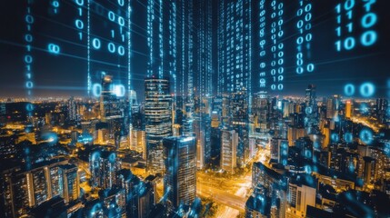 Naklejka premium Urban Cityscape at Night with Digital Binary Code Overlay