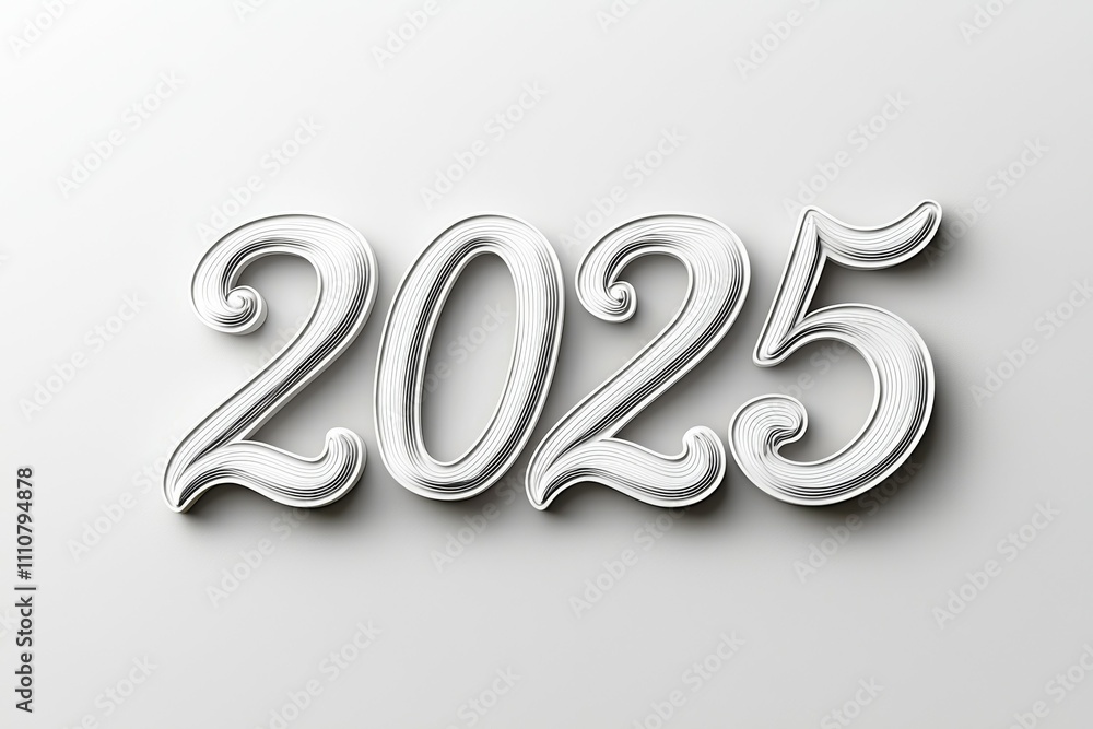 Poster elegant 2025 typography design with intricate swirls on light background