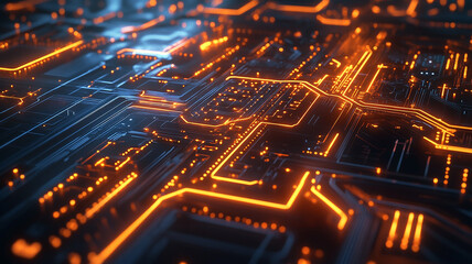 a circuit board with technology concept glowing lines, Digital Technology Network Data and Communication background with neon light effect,  illustrating the seamless fusion of advanced engineering.